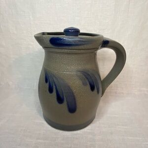 Rowe Pottery Works Salt Glaze Stoneware Pitcher 5.5” x 6” Cobalt Blue & Gray Vtg